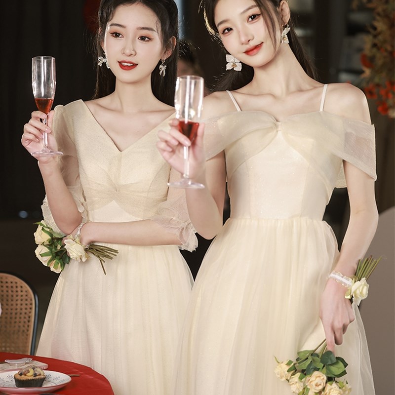 2023新款伴娘服香槟色高级姐妹团长款显瘦平时可穿仙气晚礼服裙女