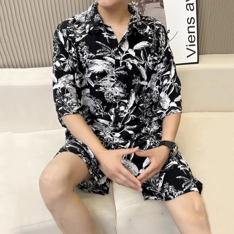 棉绸短袖衬衫短裤男士家居服套装夏薄款人造棉睡衣睡裤休闲两件套