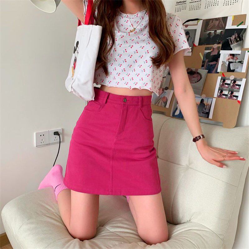 牛仔半身裙女高腰玫红色包臀短裙2021夏季新款小个子大码胖mm裙子
