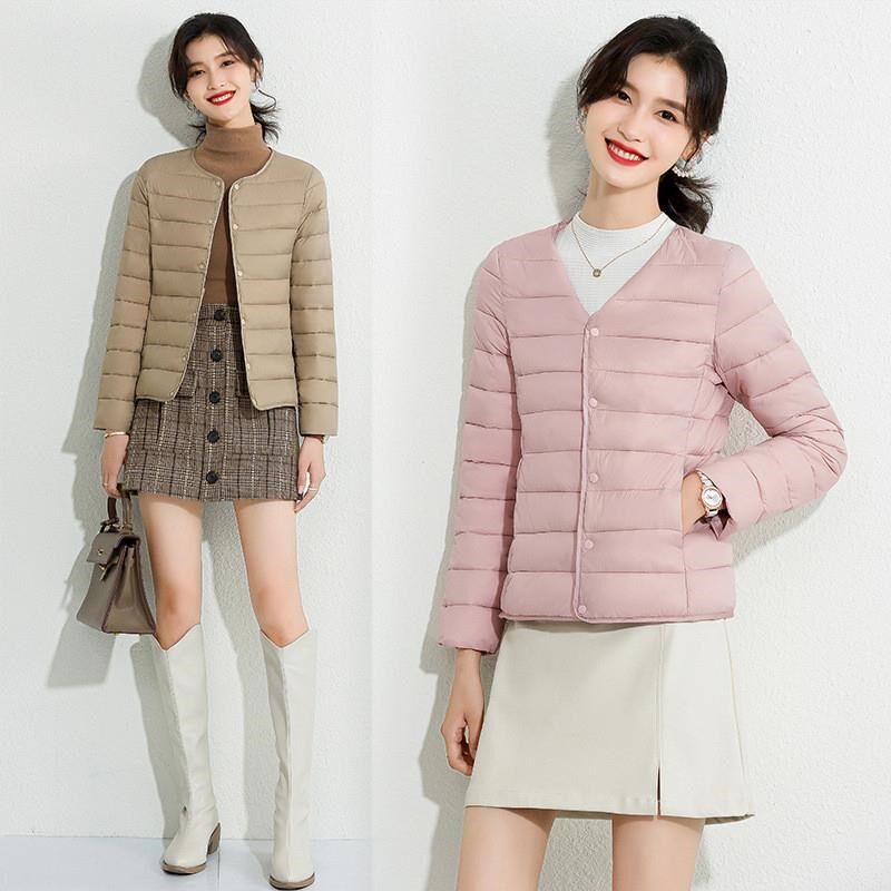 轻薄棉衣女2024秋冬新款保暖内胆纯色圆V领大衣打底短款羽绒棉服