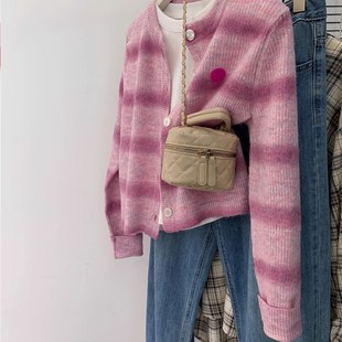 粉色条纹短款针织开衫女早春春秋季外搭高级感毛衣针织衫外套秋冬