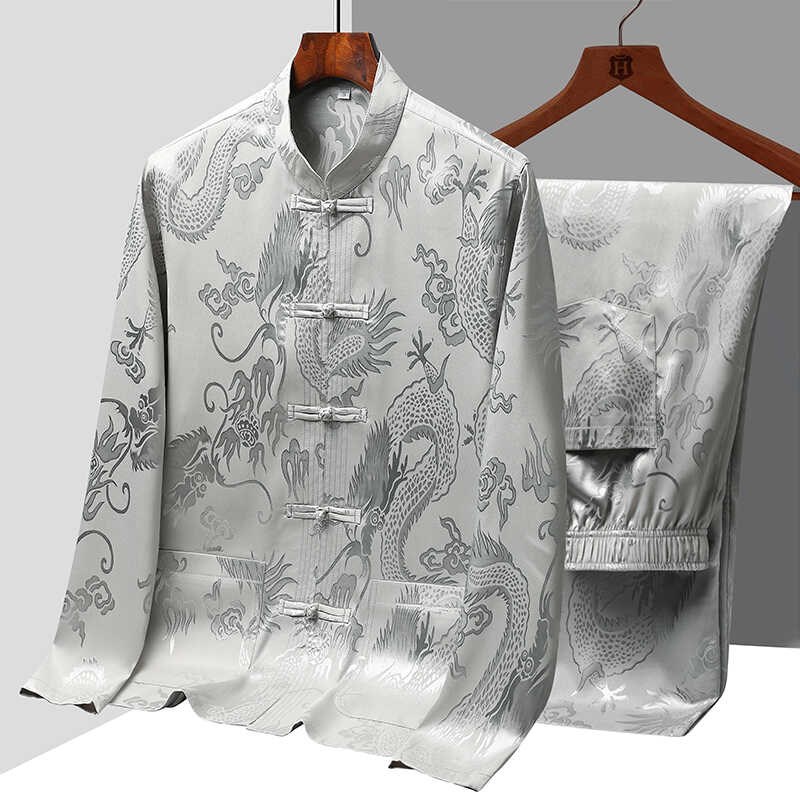唐装男冰丝长袖套装春秋中老年复古风汉服爸爸男款老人爷爷太极服