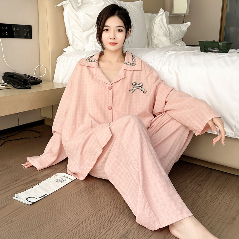 大码女款睡衣加肥加大200斤胖mm纯棉长袖长裤棉纱家居服套装春秋