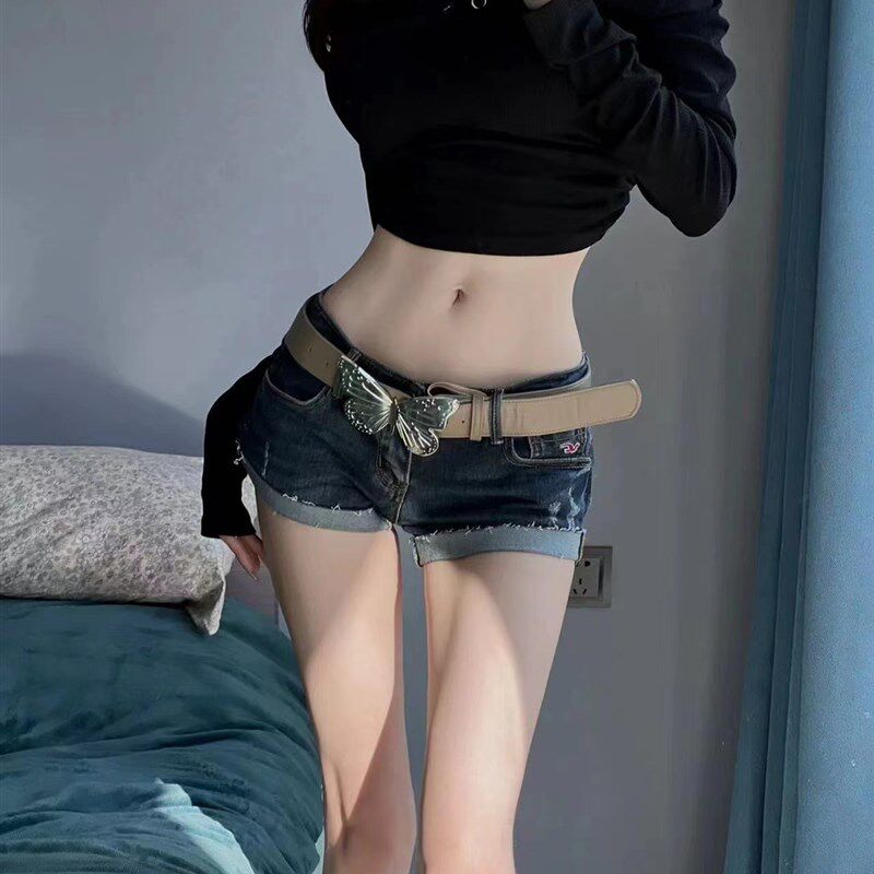 美式辣妹低腰卷边牛仔超短裤女夏季新款修身显瘦紧身弹力包臀热裤