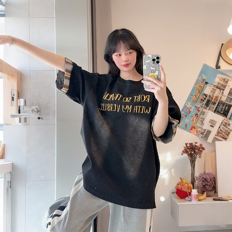 特大码女装加肥加大胖mm字母刺绣牛仔短袖T恤女宽松显瘦百搭上衣