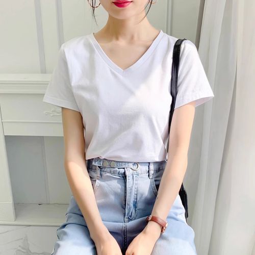 v领t恤女短袖白色内搭2025新款纯棉打底衫正肩鸡心领夏季半袖上衣