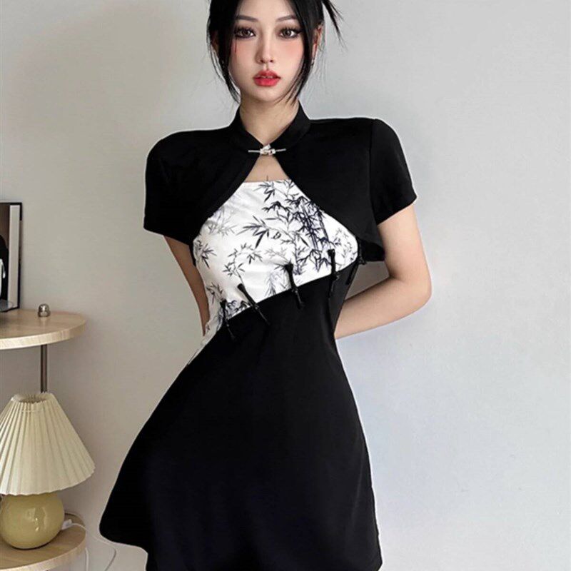 新中式改良旗袍吊带连衣裙女2024新款坎肩罩衫墨竹印花短裙两件套