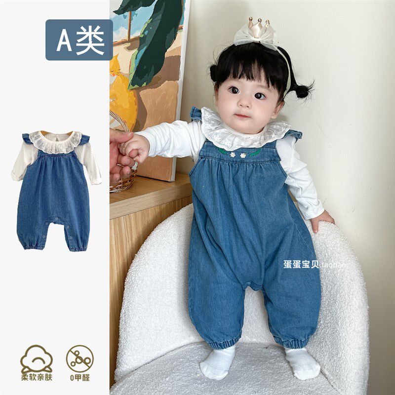 婴儿秋装牛仔背带裤两件套装连体洋气女宝宝衣服一岁外出超萌秋季