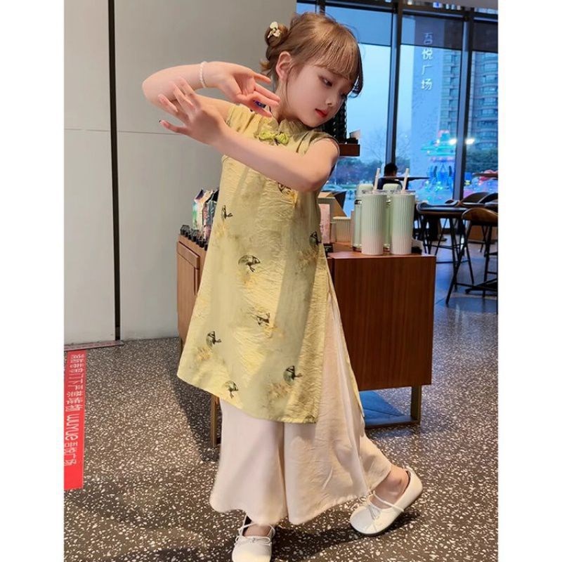 女童新中式套装夏季2024新款儿童民国风连衣裙裤唐汉服旗袍两件套