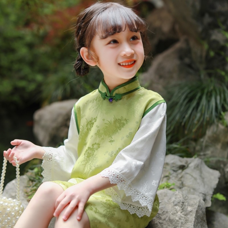 夏季新款复古洋气中国风儿童旗袍女孩唐装汉服中长袖拼接连衣裙夏