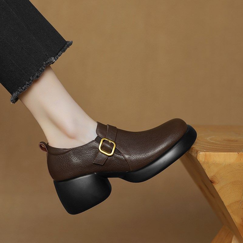 真皮厚底一脚蹬小皮鞋女2025年新款深口单鞋皮带扣粗跟高跟鞋大码,女鞋,乐福鞋（豆豆鞋）,淘宝优惠券,粉丝福利购,淘宝优惠卷