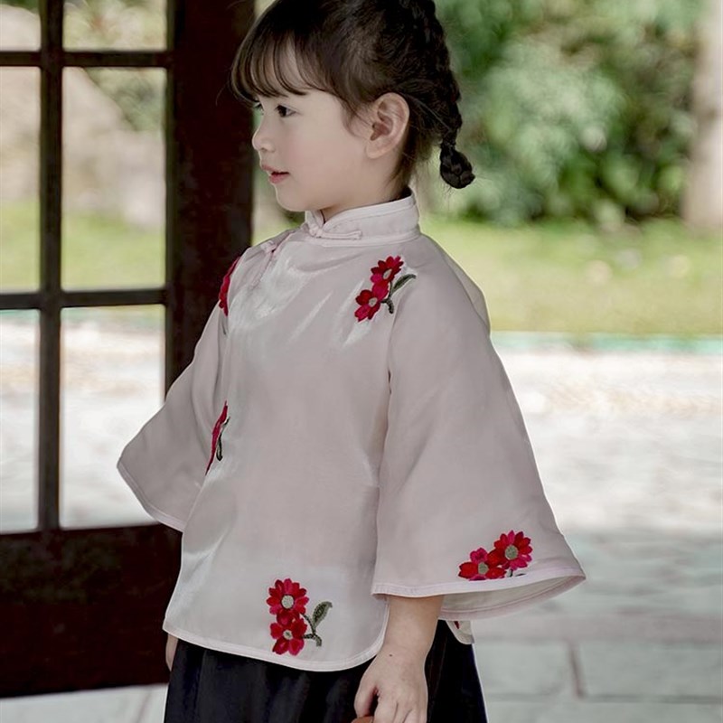 女童春夏装民国风儿童旗袍盘扣粉色上衣套装表演服唐装古法倒大袖