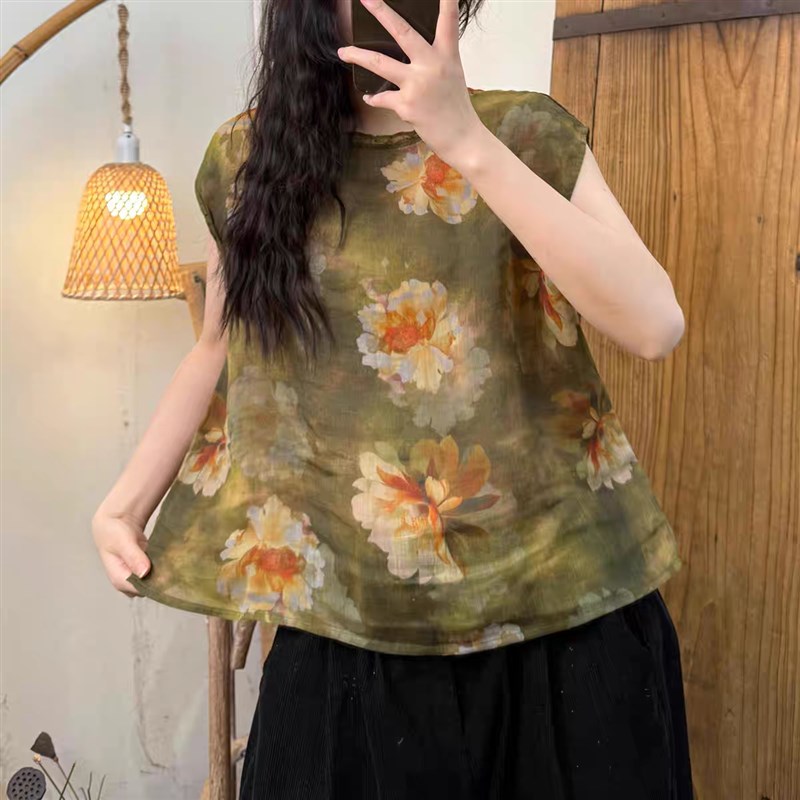 文艺复古棉麻花边领背心女夏季宽松无袖外穿薄款坎肩印花茶服上衣
