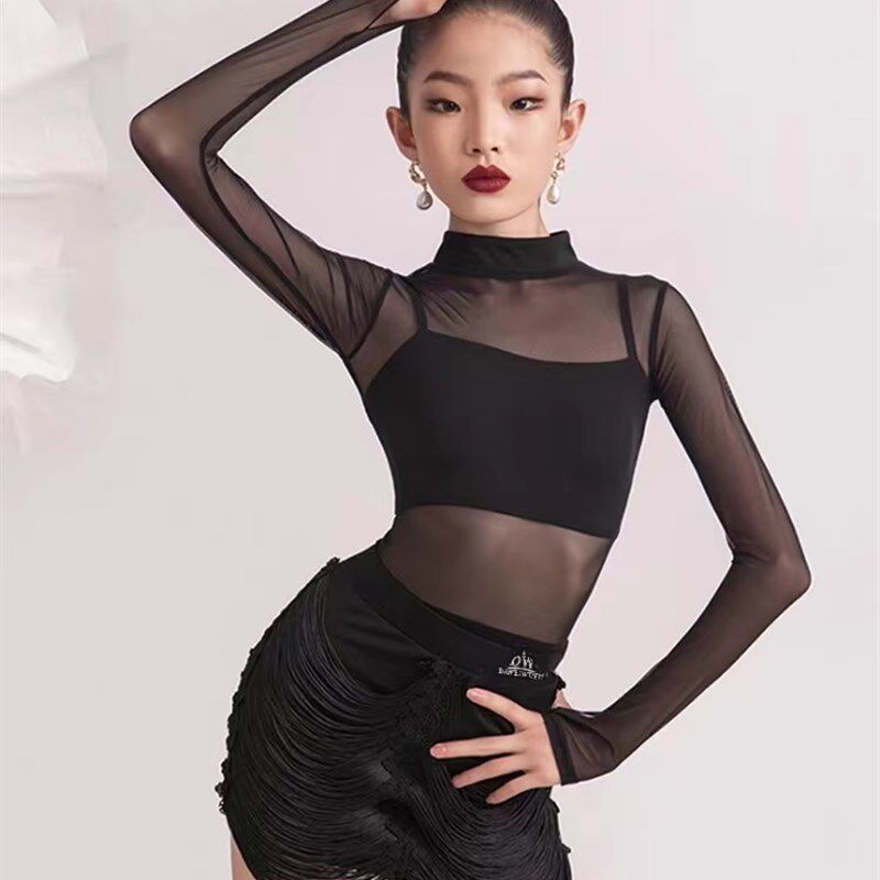 2023秋冬新款拉丁舞服装儿童女长袖网纱练功服女童舞蹈表演出服装