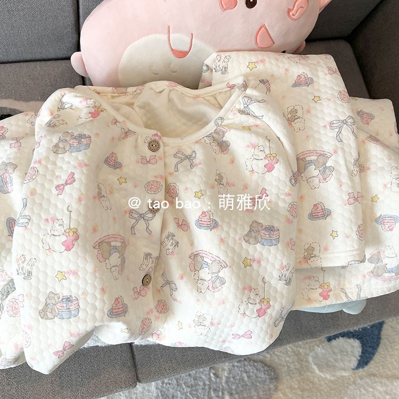 杏色兔睡衣女春秋冬季夹t层空气棉加厚长袖套装卡通可爱少女家居