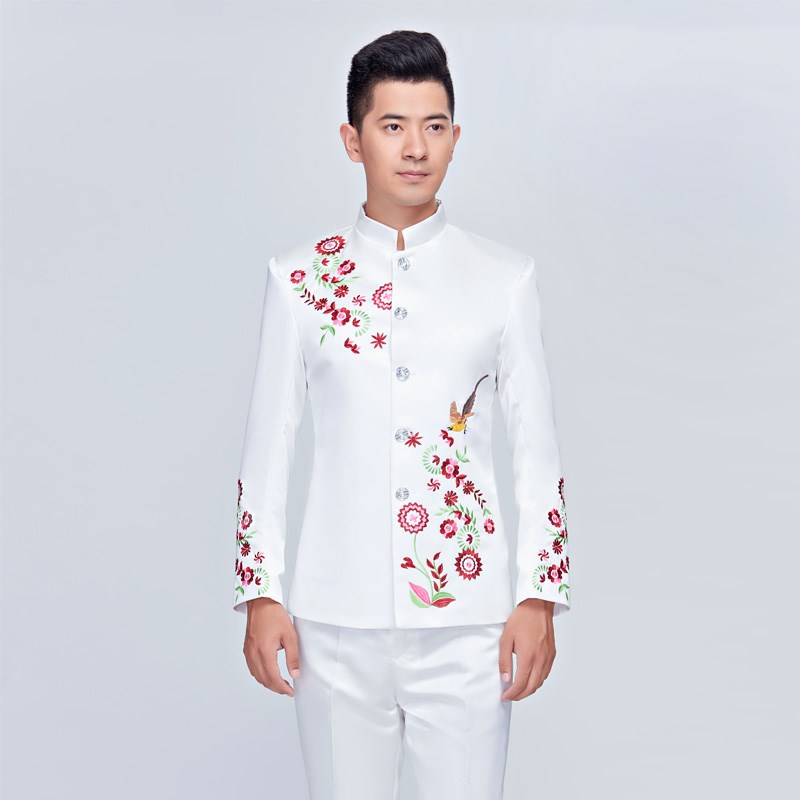 男士刺绣花鸟青年中山装演出服歌手主持人礼服成人大合唱演出服装