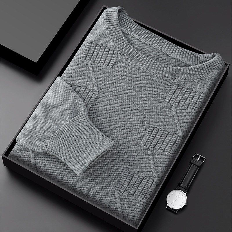 100%纯棉提花毛衣男士冬季加厚保暖宽松显瘦打底针织衫圆领休闲衫