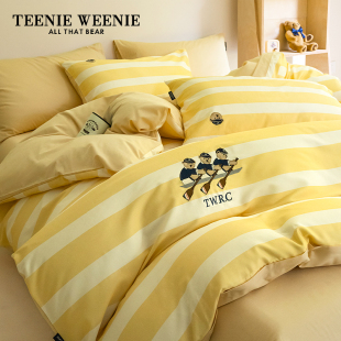 TeenieWeenie小熊黄色条纹全棉纯棉床上四件套刺绣床单三件套宿舍