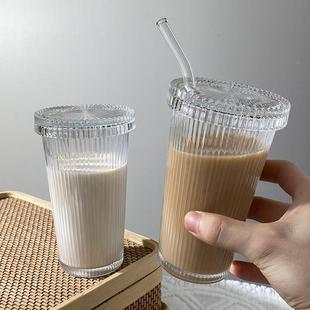 ins玻璃杯子咖啡杯冷饮料杯 竖条纹水杯简约家用带盖带吸管杯套装