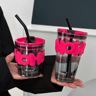 办公室玻璃吸管杯创意高颜值字母杯家用水杯ins风双饮杯礼品杯子