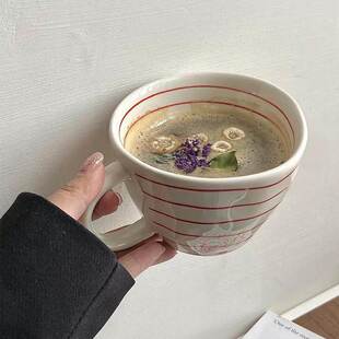 现货小众手绘简约大容量水杯陶瓷家用早餐杯不规则办公室咖啡杯