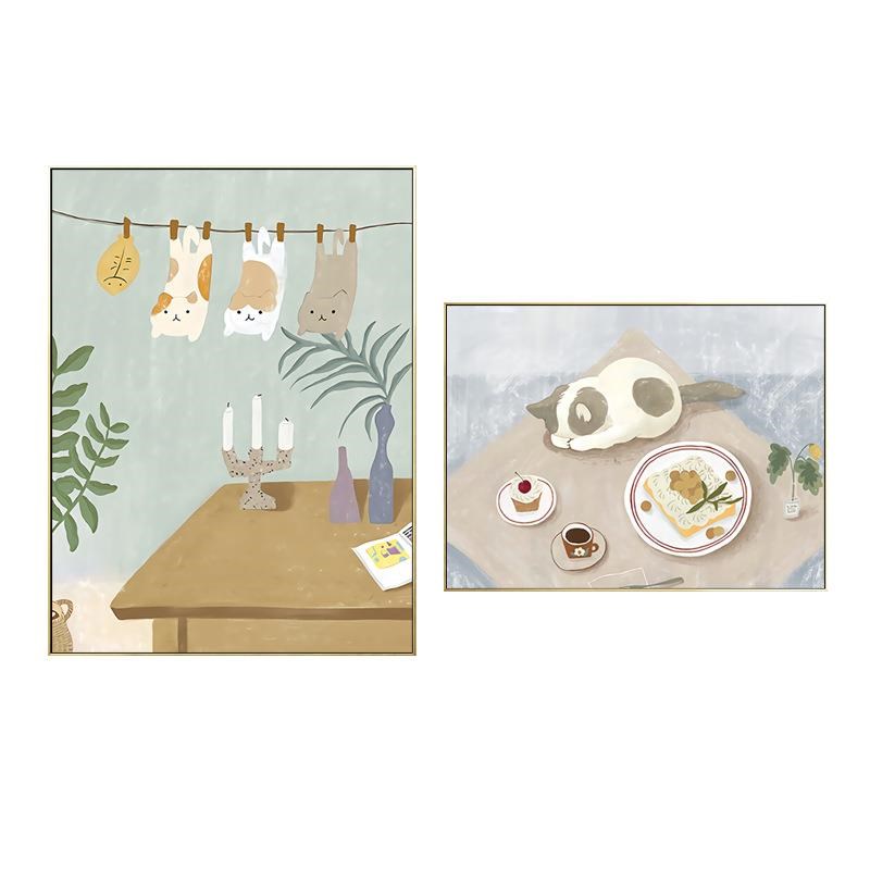 日式餐厅装饰画北欧小清新挂画饭厅壁画卧室床头画客厅动物插画猫图片