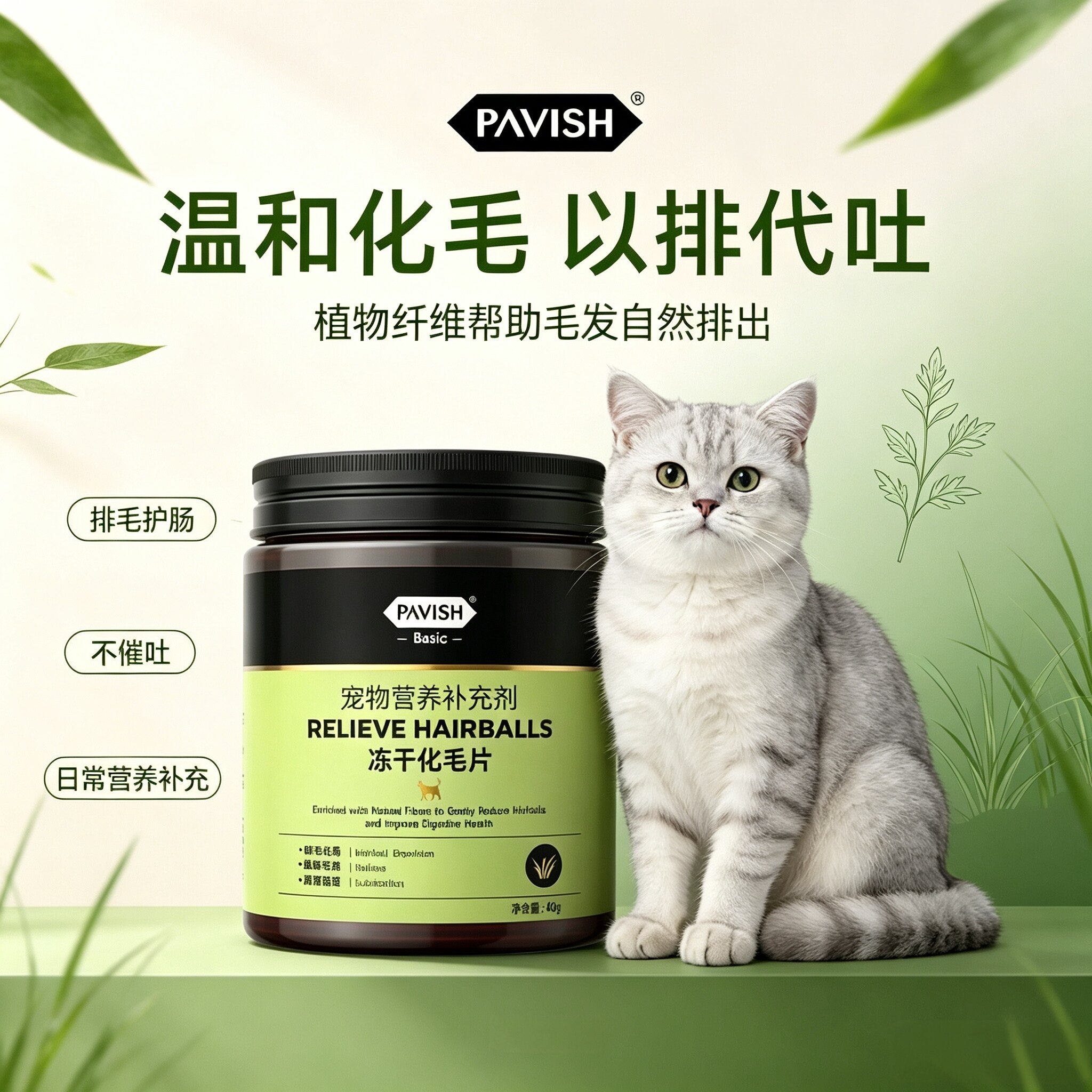 PAVISH帕维诗猫草片猫咪化毛膏调理肠胃温和宠物吐排毛化毛球片粉