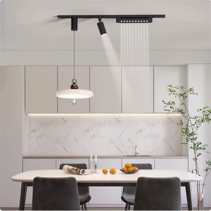 中古风餐厅吊灯可升降轨道复古胡桃木纹风扇灯全光谱餐桌吧台吊灯