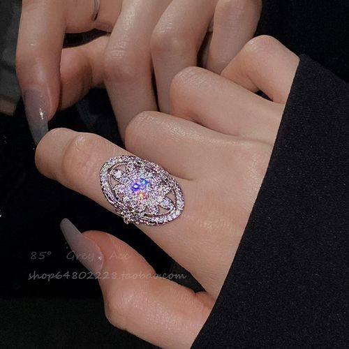 中古微镶锆石花朵戒指女2025款高级感轻奢小众设计百搭指环开口戒
