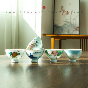 个人泡茶杯功夫茶具品茗杯主人杯6只装 手绘浮雕白瓷小杯 茶盏
