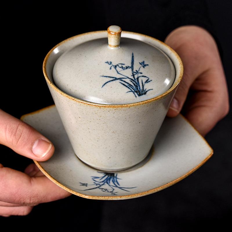 草木灰陶瓷盖碗小号复古手绘三才盖碗单个敬茶碗窑变功夫茶具茶杯