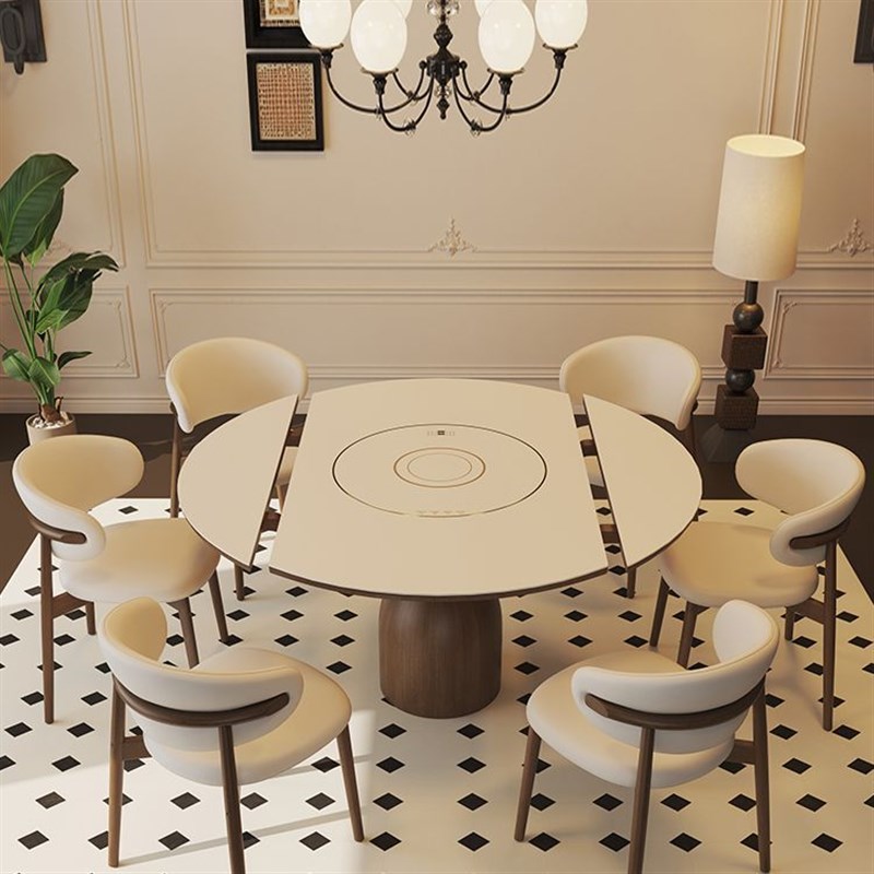 中古实木折叠餐桌旋转圆盘家用小户型电磁炉伸缩饭桌岩板可变圆桌