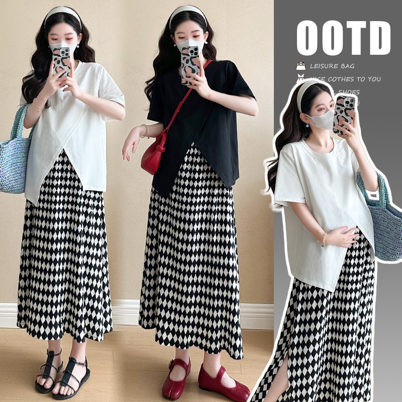 孕妇上衣洋气遮孕肚外套夏季新款韩版小个子格子半身裙套装两件套