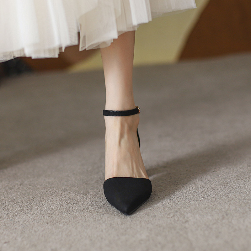 包头凉鞋女粗跟2023春季新款百搭一字带高跟鞋仙女风温柔中跟单鞋