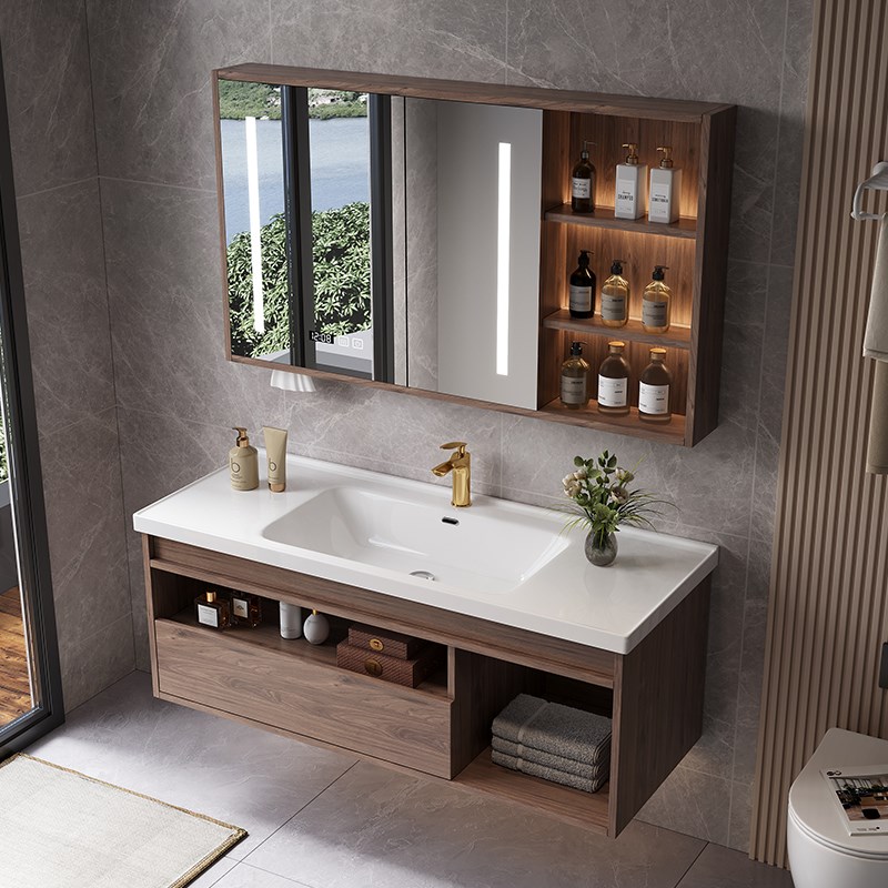 简约黑胡桃木浴室柜组合卫生间极简陶瓷一体盆洗漱台洗脸盆洗手池