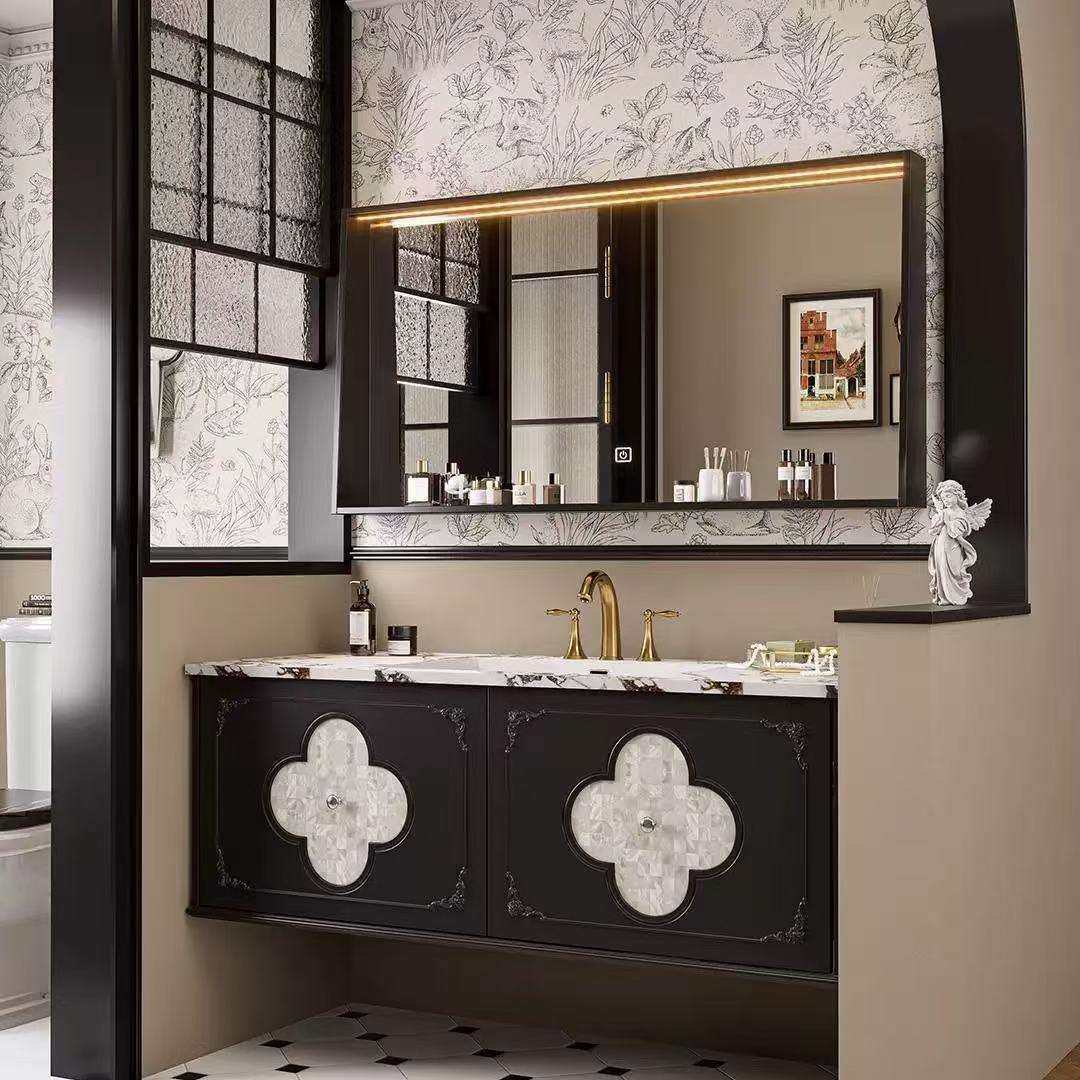 新款法式黑色浴室柜组合橡木陶瓷一体复古卫生间洗漱洗手洗脸台盆