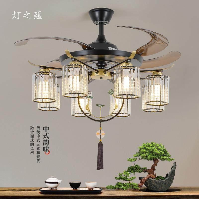 水晶新中式风扇灯隐形客厅灯扇吊灯遥控仿古中国风饭店餐馆餐厅灯