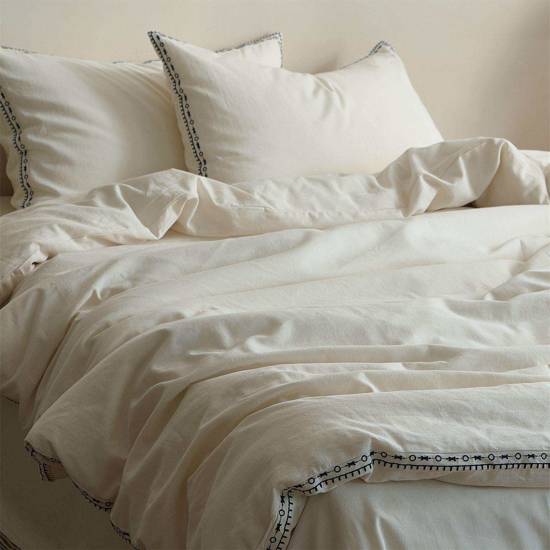 20%亚麻黑白绣花日式床上用品简洁质朴复古白色刺绣棉麻四件套