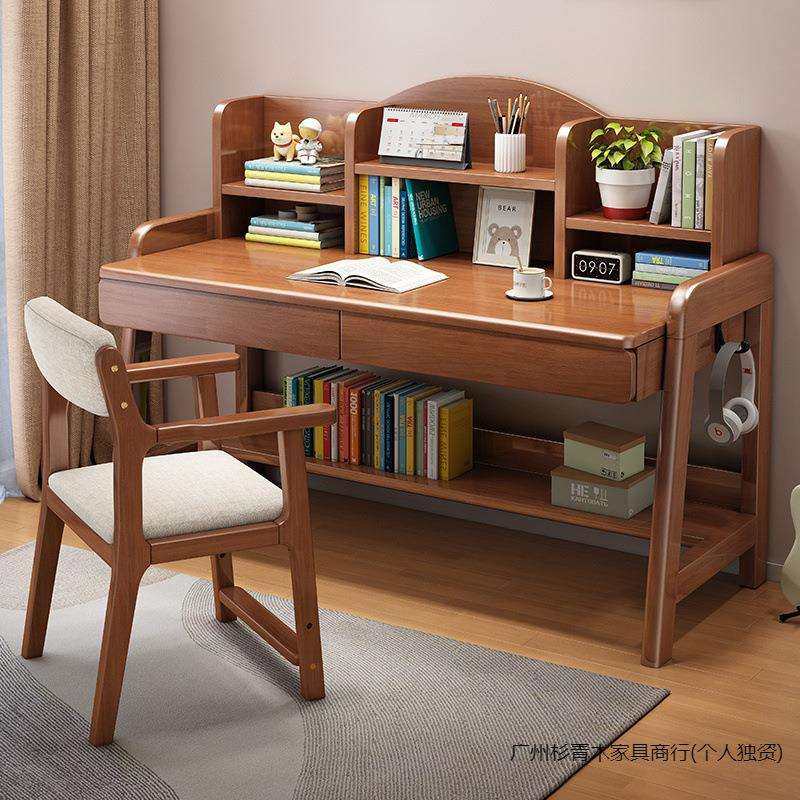实木书桌手动升降桌中学生书桌卧室家用简约书桌书架一体写字桌椅