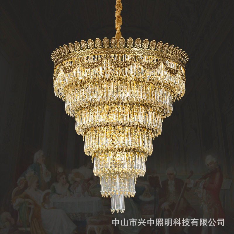 法式全铜水晶灯轻奢欧式别墅客厅中空吊灯楼梯间转角长吊灯大堂灯