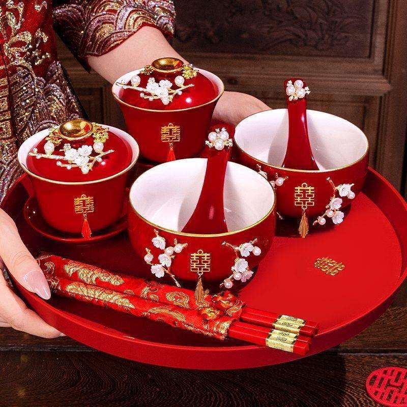 结婚敬茶套装敬茶杯一整套红色喜碗一对陪嫁改口喜杯碗筷茶具婚礼
