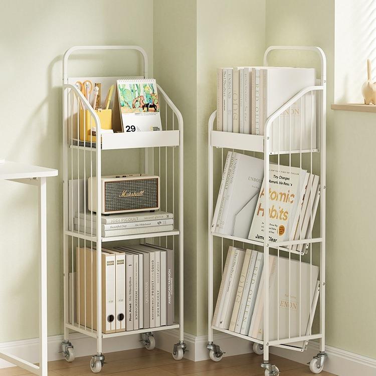 移动书架置物架落地铁艺小书柜家用简易带轮窄架子儿童书本收纳架