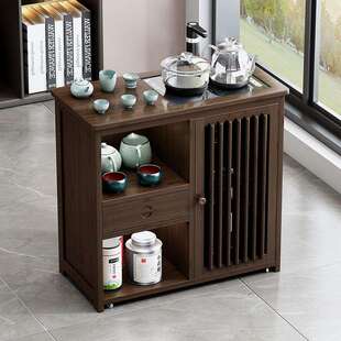 可移动泡茶台茶桌旁柜边柜边几储物茶水柜实木带轮烧水壶一体茶几