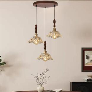 胡桃木色实木三头玻璃吊灯餐厅中古法式岛台灯创意个性led吧台长