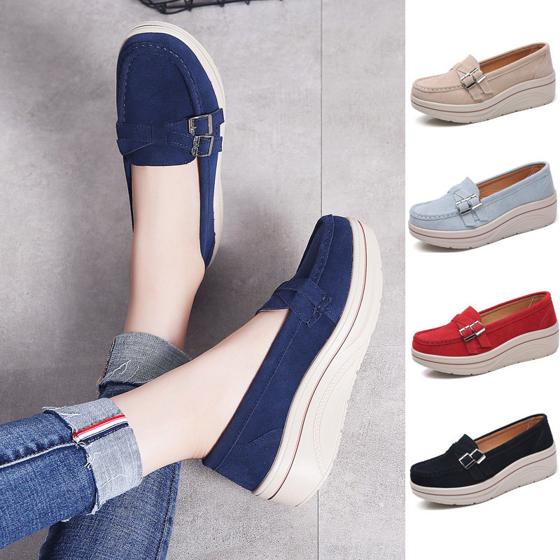 2025年秋季厚底松糕鞋女一脚蹬懒人鞋真皮摇摇鞋休闲浅口坡跟大码