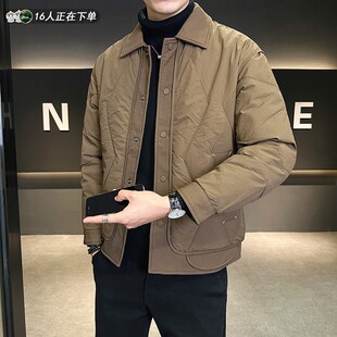 轻薄菱形格羽绒服男冬季外套潮流休闲帅气翻领男士加厚保暖上衣潮