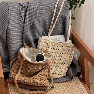 韩国镂空编织包女2024新款 单肩水桶草包 草编包包海边沙滩度假法式
