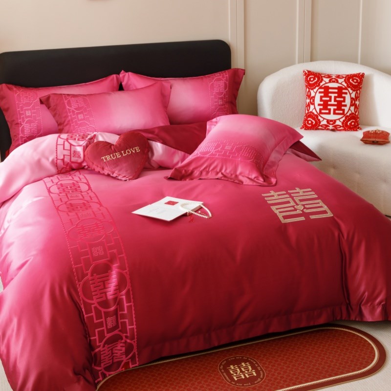 中式喜字结婚四件套大红色新婚床单被套纯棉婚庆床上用品婚房喜被