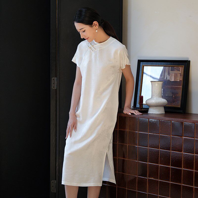 桃知窈窈改良旗袍2023夏/百合花 中式文艺醋酸立体花短袖连衣裙