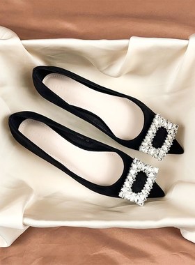 法式气质水钻黑色尖头平底鞋女2024夏季新款浅口软底工作职业单鞋